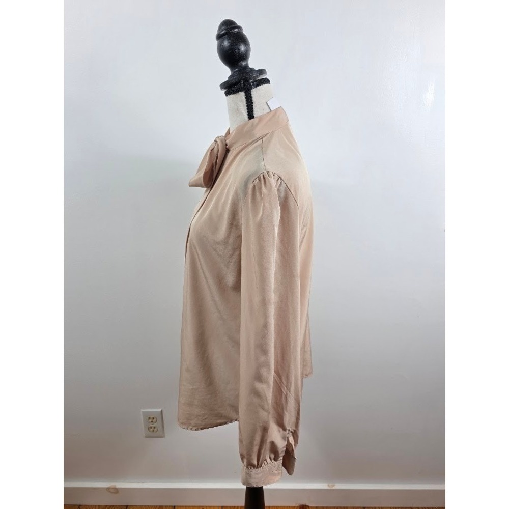 Vintage Tie Neck Blouse Womens 14 Tan Puffed Shoulder Button Down Office Top - Picture 3 of 7
